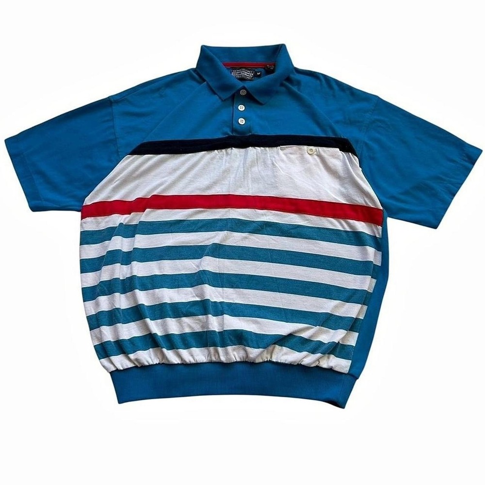 Vintage 90s Members Only Colorblock Polo Shirt Medium Teal Stripe Retro Golf Dad